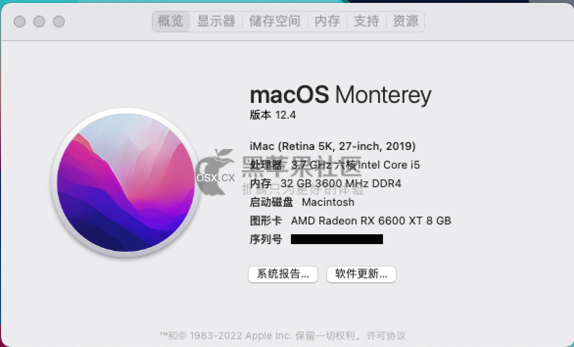 华擎Z390 ITX/ac-i5 9600K-RX 6600XT 安装黑苹果macOS Monterey