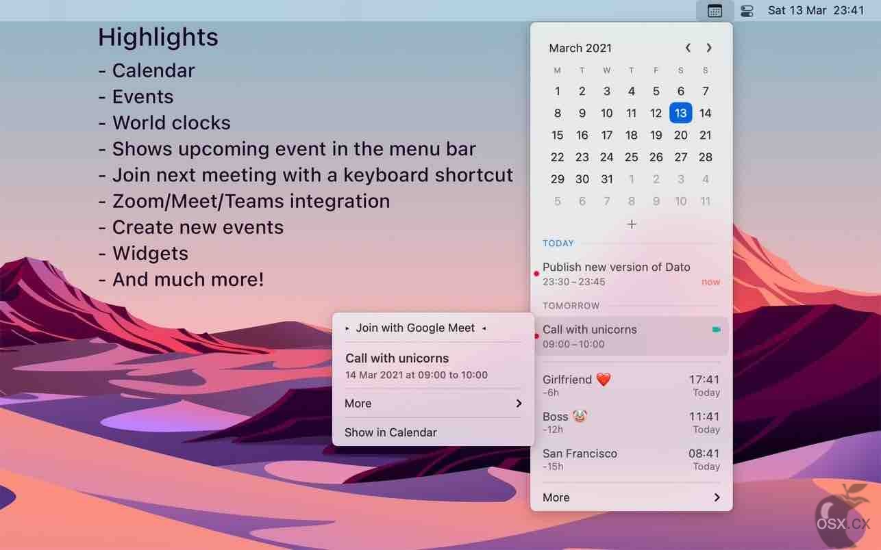 Dato For Mac v5.4.2 非常实用的菜单栏时钟工具